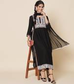 Black and White Ethnic Embroidered Kurta Pants Set with Dupatta