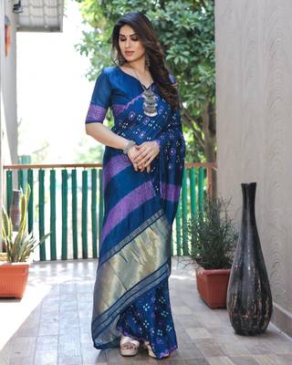 BLUE BANDHEJ SILK TRENDY SAREE 2