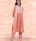 Rust brown chikankari cotton kurta paired with matching pant