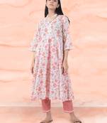 White and pink printed cotton anarkali paired with matching pant