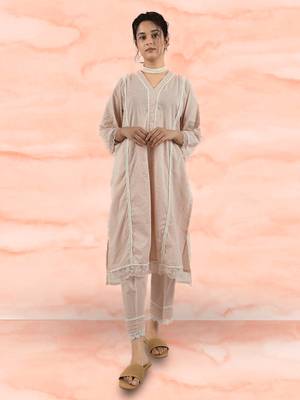 Pink embroidered cotton dobby kurta paired with matching pant 1
