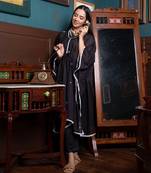 Black cotton kaftan with belt paired with matching pant