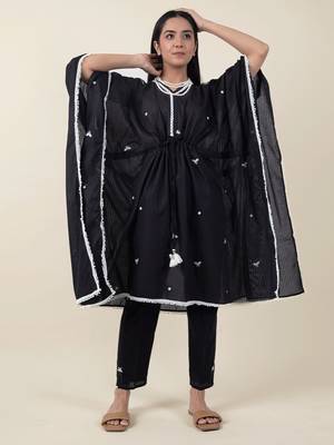 Black cotton kaftan with belt paired with matching pant 2