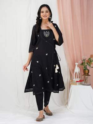 Black hand embroidered cotton angrakha kurta paired with matching pant 1