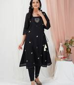 Black hand embroidered cotton angrakha kurta paired with matching pant
