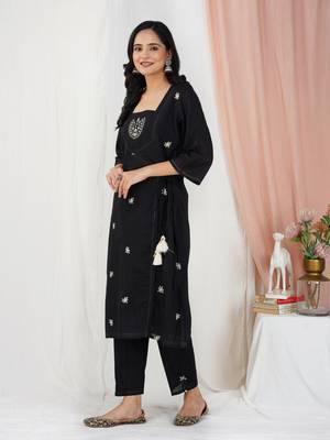 Black hand embroidered cotton angrakha kurta paired with matching pant 2