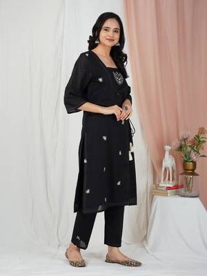 Black hand embroidered cotton angrakha kurta paired with matching pant 3