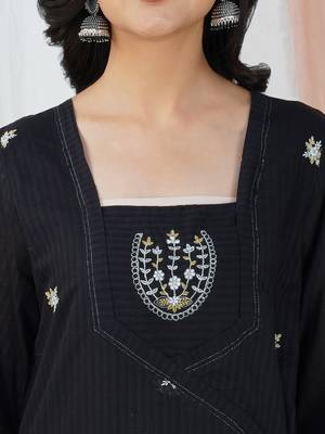 Black hand embroidered cotton angrakha kurta paired with matching pant 4