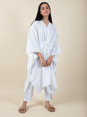 White colorful embroidered kaftan paired with matching pant 1