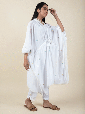 White colorful embroidered kaftan paired with matching pant 3