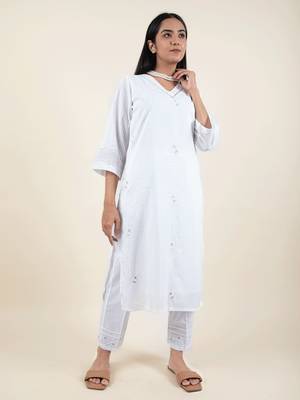 White embroidered cotton kurta paired with matching pant 1