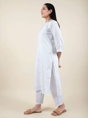 White embroidered cotton kurta paired with matching pant 2