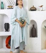 Sky blue colorful embroidered kaftan with belt paired with matching pant