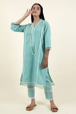 Firozi embroidered cotton dobby kurta  paired with matching pant 1