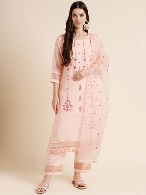 Peach Cotton Blend Straight embroidery Kurta suit with dupatta 1