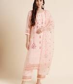 Peach Cotton Blend Straight embroidery Kurta suit with dupatta