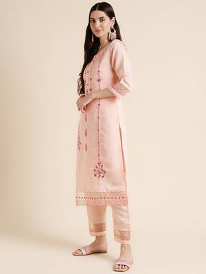 Peach Cotton Blend Straight embroidery Kurta suit with dupatta 5