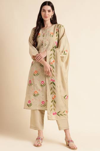 Pista green  floral print  kurta suit with fancy dupatta set