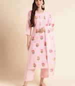 Light pink silk  crochet floral print suit with fancy dupatta set