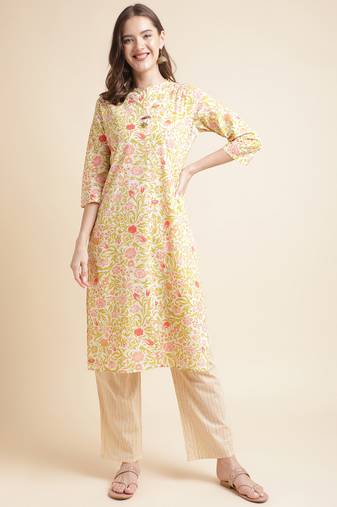 green  Flower Foil  cotton printed straight kurta with pant