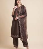 Coffee cotton beautiful Flowers Embroidered Kurti set with dupatta