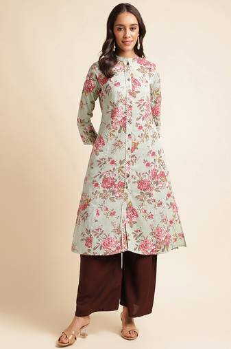Light green Floral Printed cotton Straight Kurti