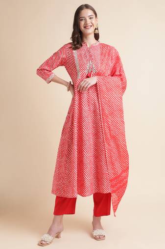 Women Red Lehariya Print Embroidery Kurta With Trousers And Dupatta Set