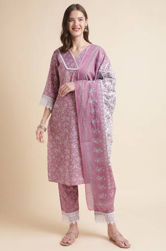 women purple printed kurta with pant and cotton printed dupatta