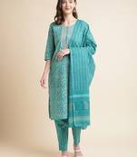 green Batik Print Cotton Kurta With Pant And Printed Dupatta