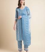 Blue Floral Printed white cotton Lace Embellished Kurta with pant and  dupatta