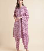 Pink Floral print pure cotton kurta with trousers &dupatta set
