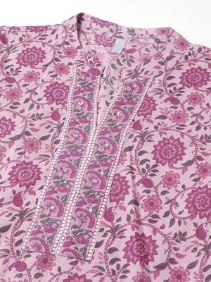 Pink Floral print pure cotton kurta with trousers &dupatta set 2