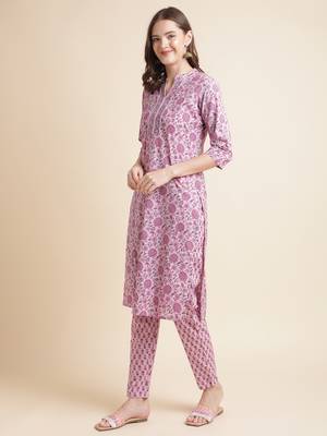 Pink Floral print pure cotton kurta with trousers &dupatta set 5