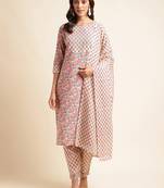 Beige & pink handblock printed kurta with trousers  & dupatta set .