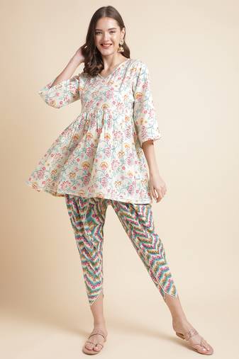 Off- white floral printed pure cotton kurti with dhoti pants set