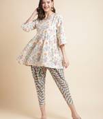 Off- white floral printed pure cotton kurti with dhoti pants set