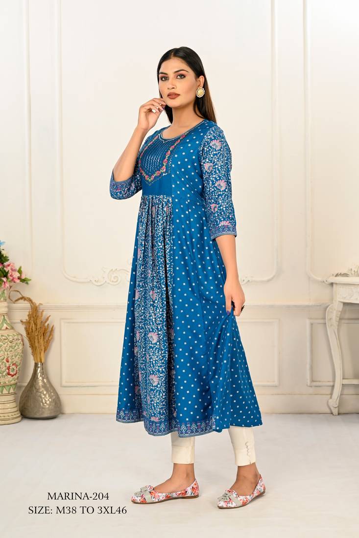 WOMEN COTTON HAND PRINT LIGHT EMBAROIDERY WORK KURTIS