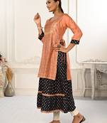 WOMEN COTTON HAND FOIL PRINT LIGHT EMBAROIDERY WORK DOUBLE LAYERED KURTIS