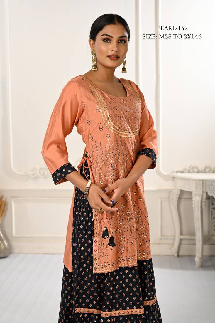 WOMEN COTTON HAND FOIL PRINT LIGHT EMBAROIDERY WORK DOUBLE LAYERED KURTIS