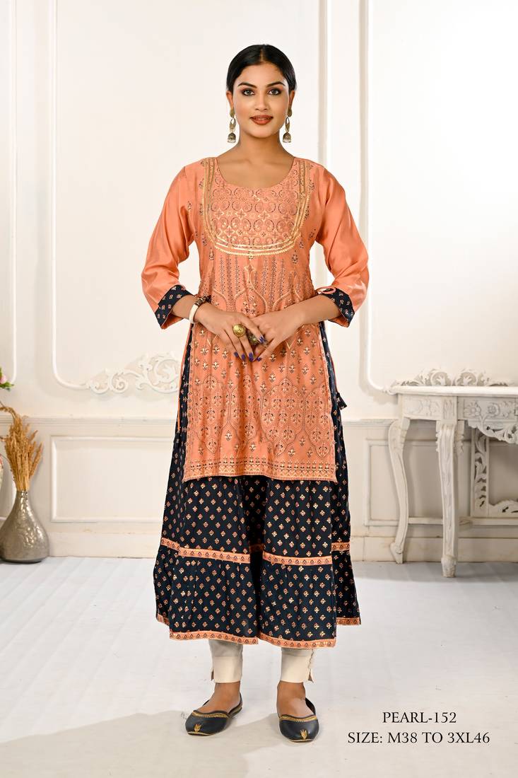 WOMEN COTTON HAND FOIL PRINT LIGHT EMBAROIDERY WORK DOUBLE LAYERED KURTIS