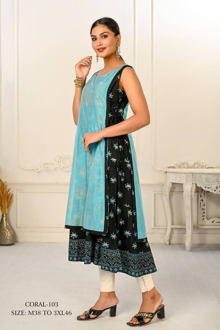 WOMEN VISCOSE AND JACQUARD BUTTA ZARI WITH EMBROIDERED KURTI