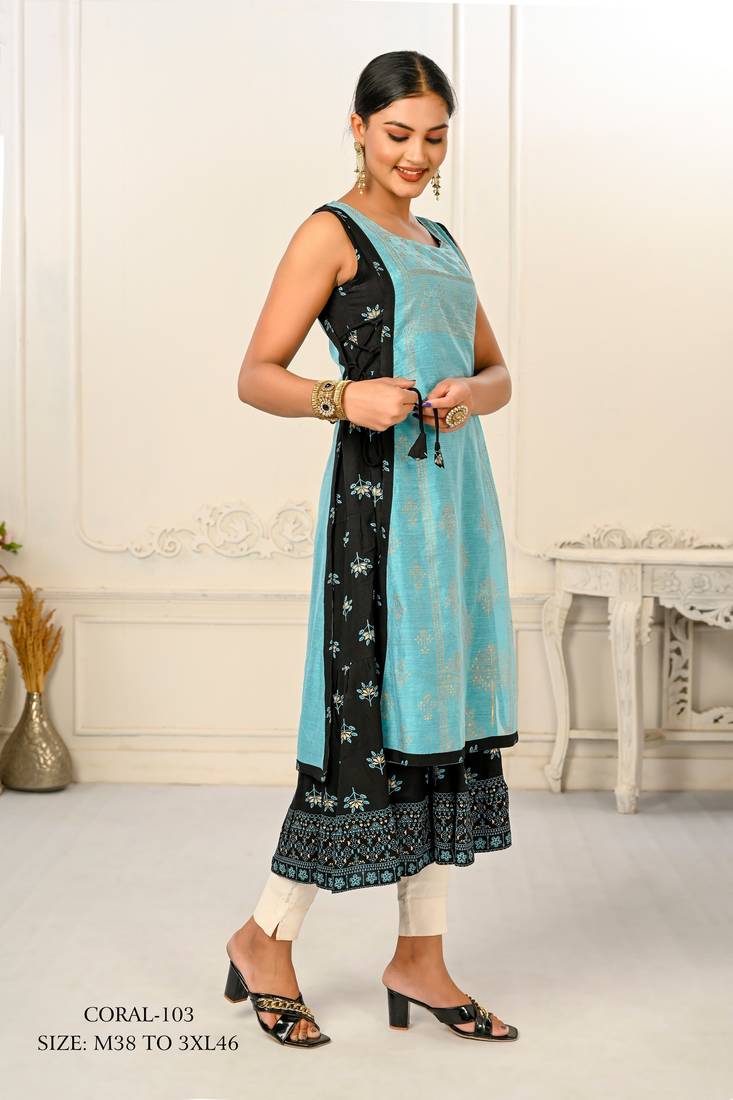 WOMEN VISCOSE AND JACQUARD BUTTA ZARI WITH EMBROIDERED KURTI