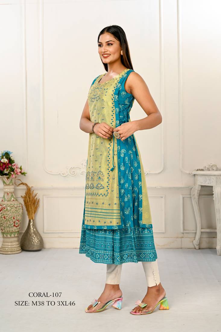 WOMEN VISCOSE AND JACQUARD BUTTA ZARI WITH EMBROIDERED KURTI