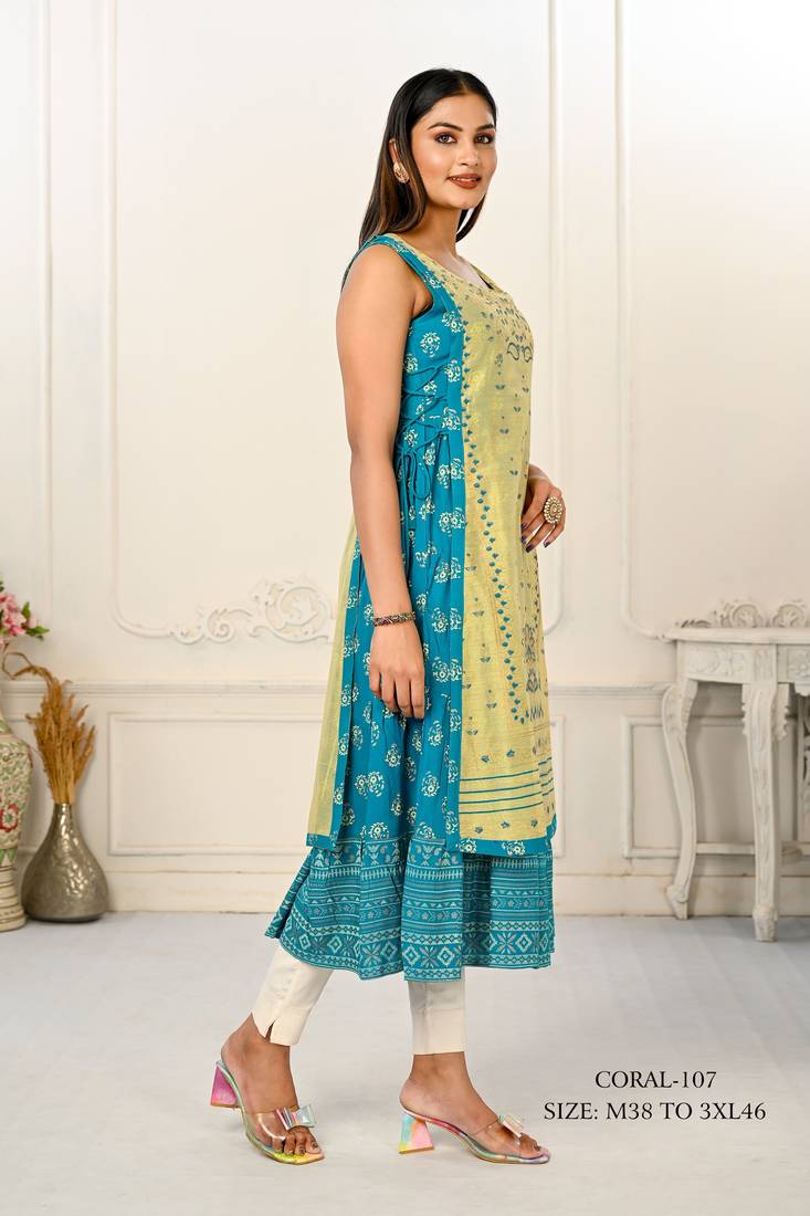 WOMEN VISCOSE AND JACQUARD BUTTA ZARI WITH EMBROIDERED KURTI