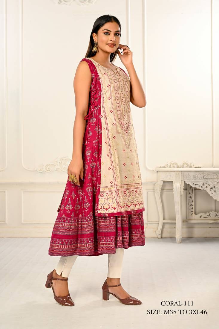 WOMEN VISCOSE AND JACQUARD BUTTA ZARI WITH EMBROIDERED KURTI