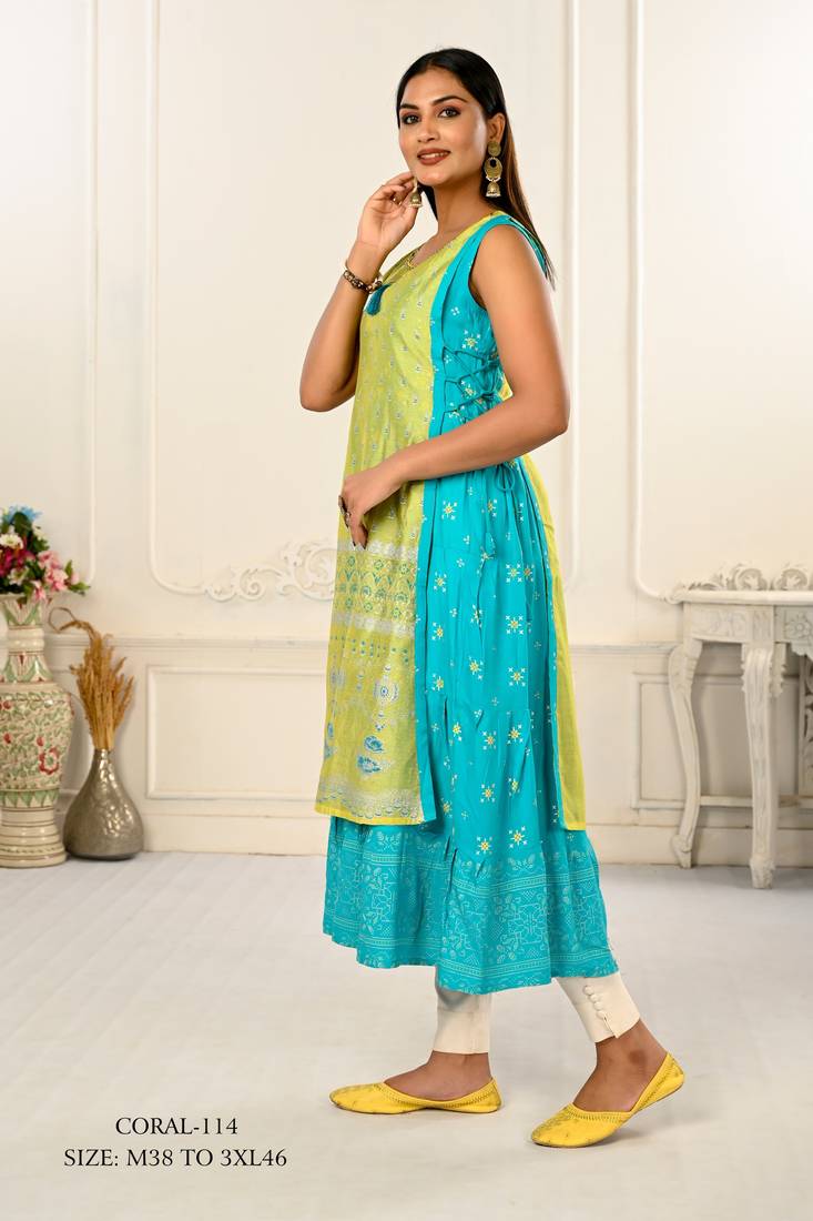 WOMEN VISCOSE AND JACQUARD BUTTA ZARI WITH EMBROIDERED KURTI