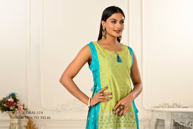 WOMEN VISCOSE AND JACQUARD BUTTA ZARI WITH EMBROIDERED KURTI