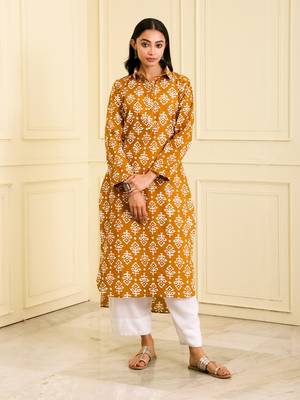 Women's organic cotton hand block printed Mustard yellow color long kurta 1