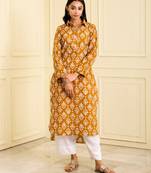 Women's organic cotton hand block printed Mustard yellow color long kurta