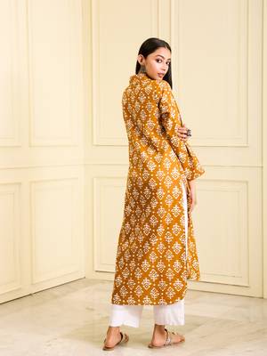 Women's organic cotton hand block printed Mustard yellow color long kurta 2